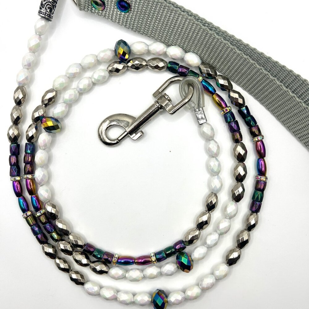 Boujee Beaded Dog Leash - Dark Opalescence & White, Silver Beads - Handmade